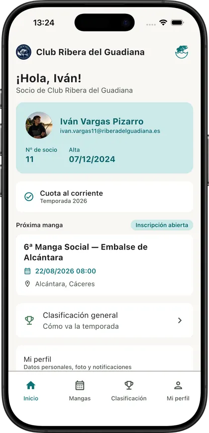 Pantalla de inicio del socio: su ficha, el estado de su cuota y la próxima manga del club.