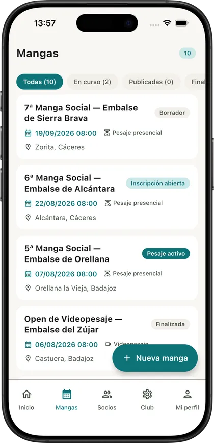 Listado de mangas del club con su estado: borrador, inscripción abierta, pesaje activo o finalizada.