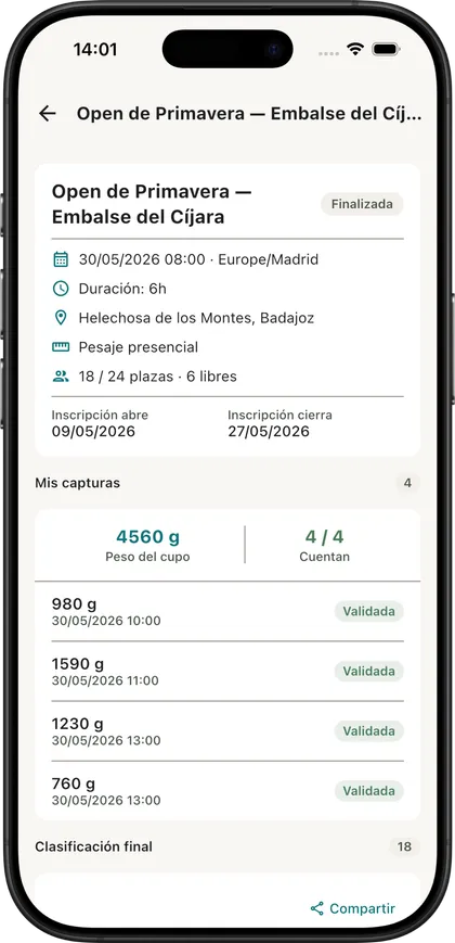 Las capturas de un socio en una manga: el peso del cupo, cuáles cuentan y cuáles ha validado el club.