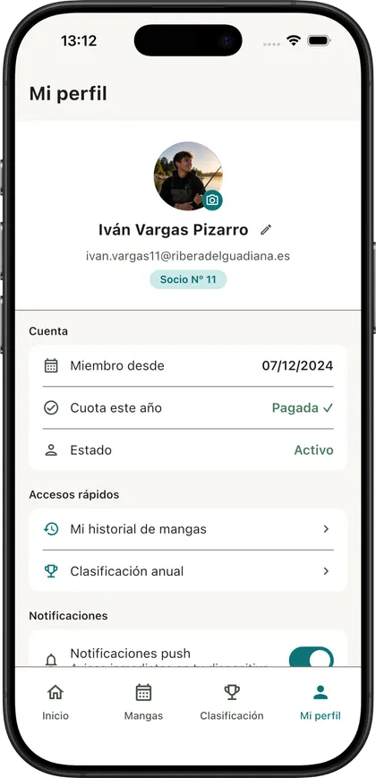 Perfil del socio: su número, la cuota de la temporada, su historial y las notificaciones.